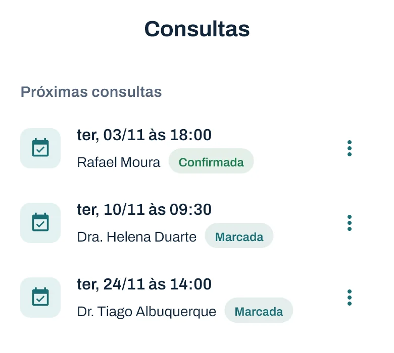 Próximas consultas do paciente, uma confirmada e duas marcadas