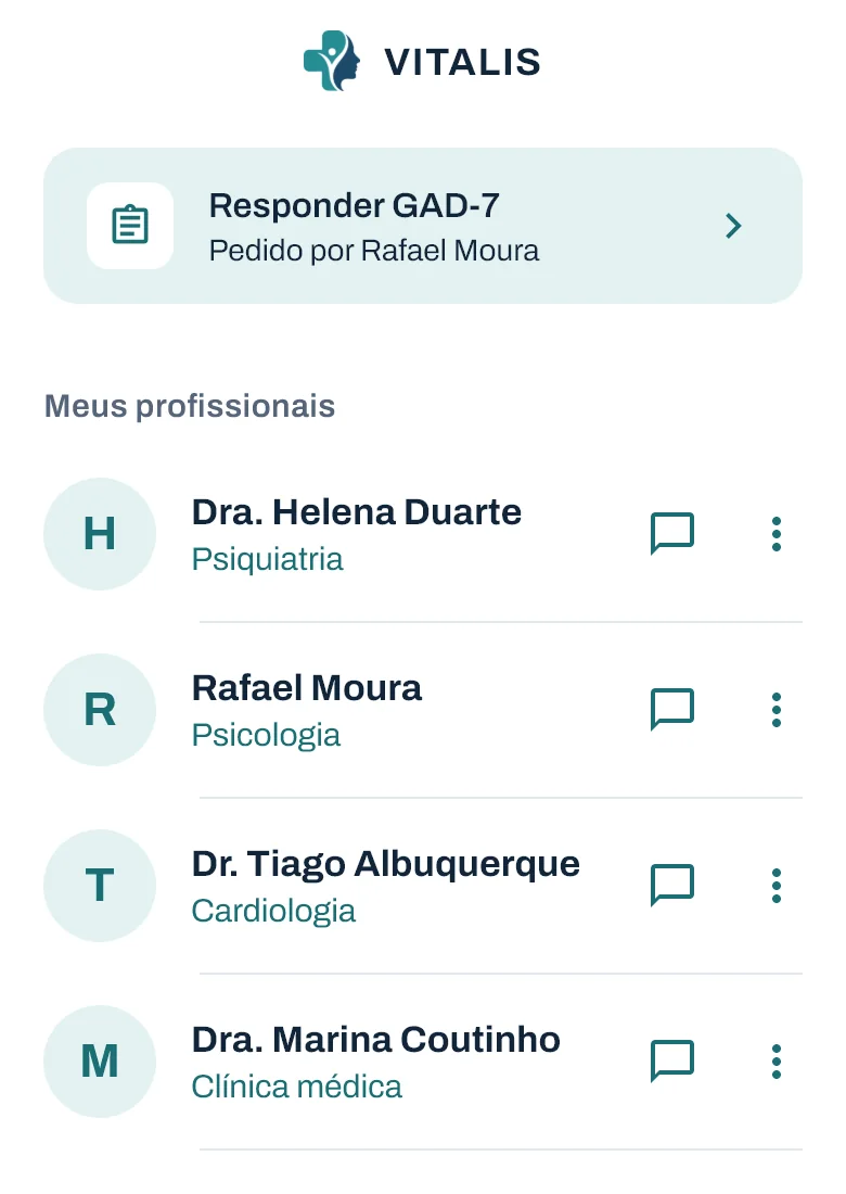 Área do paciente: escala GAD-7 a responder e a lista dos profissionais dele